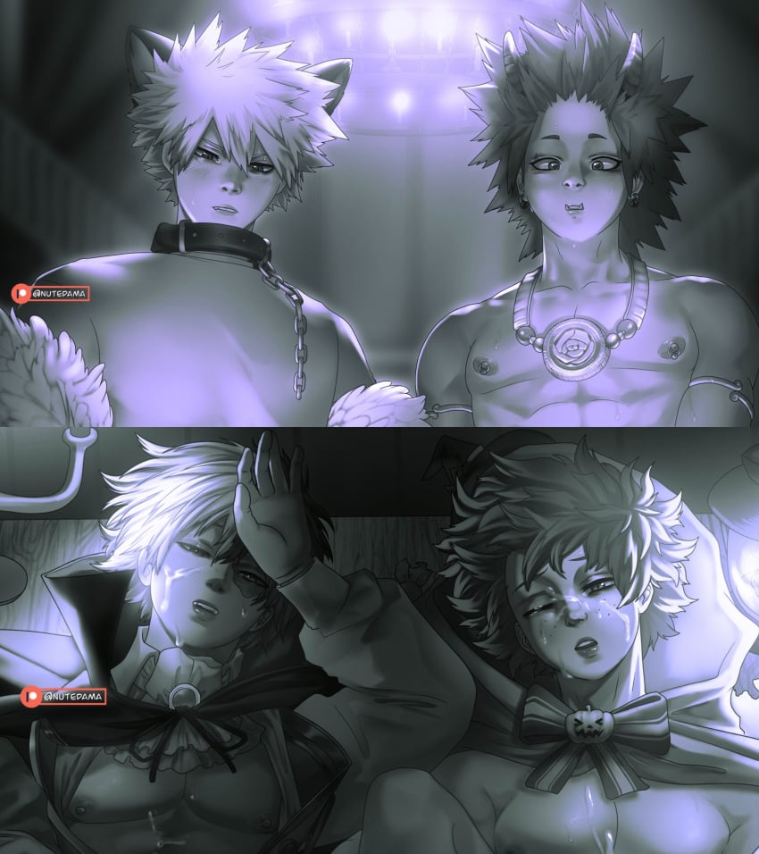 4boys cat_ears collar costume cum cum_on_body cum_on_eye cum_on_face cum_over_eye demon_horns eijirou_kirishima foursome ghost ghost_costume group halloween halloween_costume horns izuku_midoriya katsuki_bakugou leash looking_down lying_on_back male male_only monochrome muscular my_hero_academia nipples nutedama oni_horns open_shirt sharp_teeth shouto_todoroki two_subs_two_doms vampire vampire_costume werewolf werewolf_costume wolf_ears yaoi