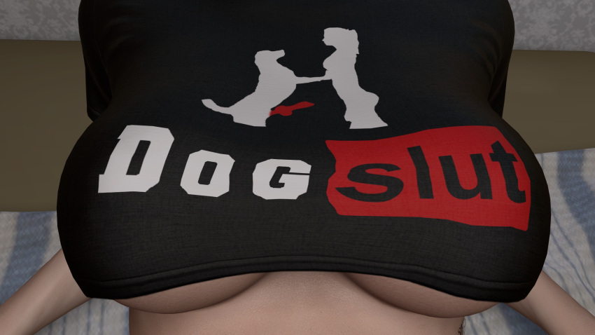 1animal 1girls 1sttherwuzmesh 3d bestiality canine canine_penis close-up clothes_writing large_breasts solo t-shirt underboob zoophilia