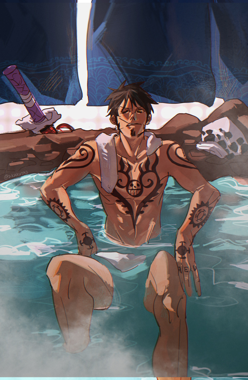 1boy arm_tattoo bathing black_hair chest_tattoo curtains eeju facial_hair hat hi_res high_resolution light-skinned_male light_skin male male_only mouth muscles muscular muscular_male nude nude_male one_eye_closed one_piece onsen partially_submerged sheath sheathed short_hair solo solo_focus solo_male stalk_in_mouth sword tattoo tattoos towel towel_around_neck trafalgar_law weapon yellow_eyes