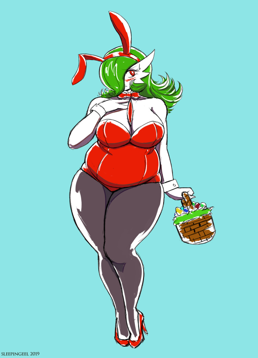 basket blushing bunny_ears bunnysuit easter easter_egg female gardevoir green_hair high_heels large_ass large_breasts leotard pantyhose playboy_bunny plump pokemon pokemon_(species) red_eyes shy sleepingeel thick_thighs wide_hips