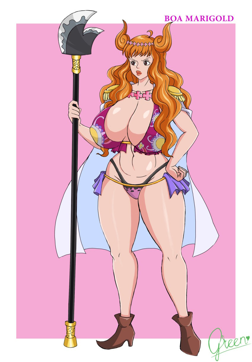 1girls big_breasts big_lips big_thighs bikini boa_marigold brown_eyes cape female female_only flower_crown flower_necklace greenlove huge_breasts one_piece orange_hair pattern_topwear redesign solo solo_female standing wavy_hair weapon wide_hips wide_thighs