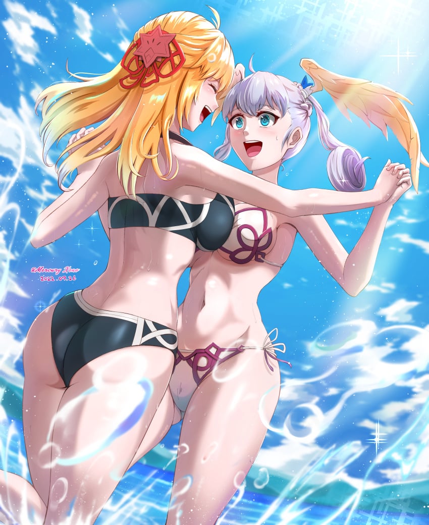 absurd_res ass beach big_ass bikini black_bikini blonde_hair blue_eyes blue_sky breast_press breasts cleavage fiora_(xenoblade) highres holding_hands large_breasts long_hair medium_breasts melia_antiqua mercury_xeno midriff nintendo silver_hair sky smile swimsuit thick_thighs thighs water wet wings xenoblade_(series) xenoblade_chronicles