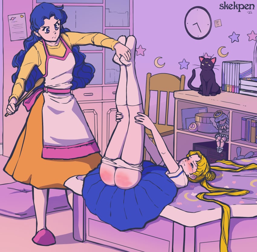 2girls angry apron ass bedroom bishoujo_senshi_sailor_moon blonde blonde_hair blue_hair closed_eyes clothing crying dress embarrassed eyes_closed female female_only fully_clothed humiliation ikuko_tsukino knee_socks kneehighs kneesocks legs_up light-skinned_female light_skin luna_(sailor_moon) lying_on_bed milf mother mother_and_daughter multiple_girls nonsexual_nudity panties panties_down punishment purple_eyes school_girl school_uniform serafuku skekpen skirt slippers socks spank_marks spanked spanking usagi_tsukino white_socks wooden_spoon