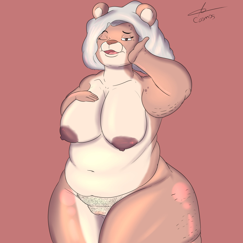 1:1 absurd_res anthro ass big_breasts big_butt breasts chubby_anthro chubby_female cosmosarts female fupa genitals grey_hair hair hand_on_breast hebokun hi_res mammal mature_female old one_eye_closed plump_labia pubes pussy slightly_chubby solo ursid wide_hips wink