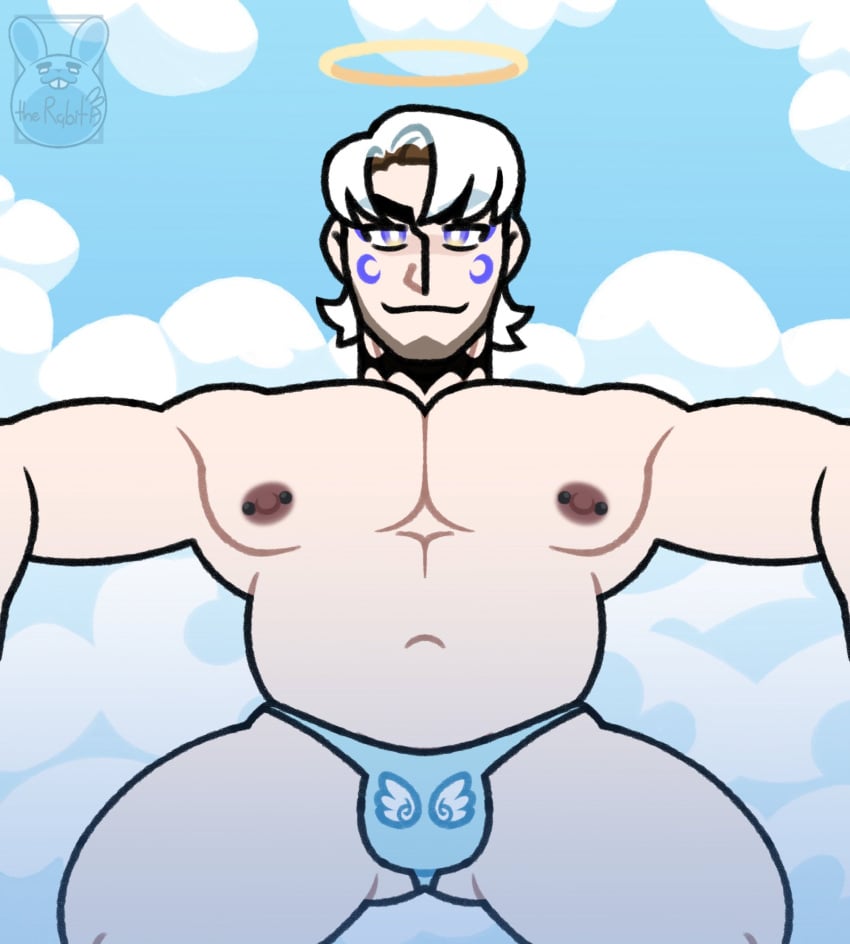 1boy alternate_version_available angel bara chubby halo jhonatan_(maxbangchan) looking_at_viewer moobs narrowed_eyes nipple_piercing nipples original original_character pecs spread_legs the_ornyrabi77 therabit thong white_hair