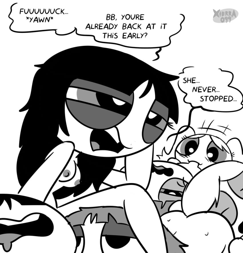 3boys 3girls after_orgy after_sex aged_up black_hair blossom_(powerpuff_girls) blowjob boomer_(powerpuff_girls) breasts brick_(powerpuff_girls) bubbles_(powerpuff_girls) butch_(powerpuff_girls) buttercup_(powerpuff_girls) dialogue long_hair morning naked naked_female naked_male nipples no_color nude nude_female nude_male pigtails powerpuff_girls rowdyruff_boys sucking_penis twintails white_background xierra099