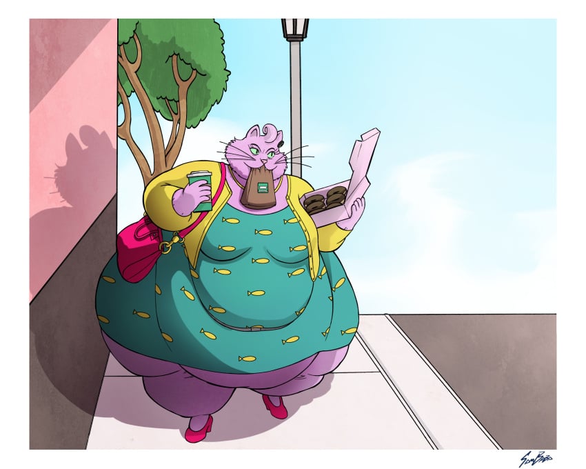 1girls anthro bbw bojack_horseman catgirl coffee donut fat female green_eyes heels holding_bag netflix obese overweight overweight_anthro overweight_female pink_fur princess_carolyn purse sambaba ssbbw thick_thighs