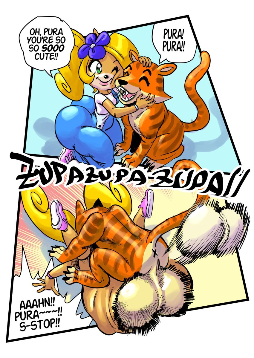 1boy 1girls accessory activision ambiguous_penetration anthro anthro_on_feral anthro_penetrated anus balls bandicoot big_balls blonde_hair closed_eyes clothing coco_bandicoot crash_(series) duo english_text exclamation_point felid female female_penetrated feral feral_penetrating feral_penetrating_anthro flower flower_in_hair footwear forced from_front_position genitals goudadunn green_eyes hair hair_accessory hi_res huge_balls instant_loss instant_loss_2koma kneeling lying male male/female male_penetrating male_penetrating_female mammal marsupial mating_press nude on_back one_eye_closed open_mouth orange_body overalls pantherine penetration perineum petting plant pura_(crash_series) rape sex shirt shoes smile speech_bubble straight striped_body stripes tan_body text tiger topwear x_anus zoophilia