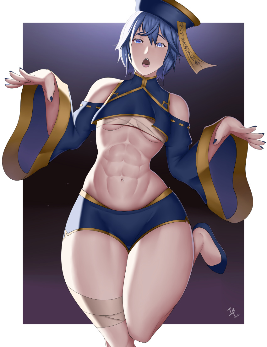 1girls abs alternate_costume alternate_hairstyle arcedo bare_legs bare_thighs blue_eyes blue_hair blue_nails breasts chinese_clothes detached_sleeves female female_only fire_emblem fire_emblem_awakening flats halloween halloween_costume hat heart-shaped_pupils jiangshi leg_up legs long_sleeves lucina_(fire_emblem) nail_polish nintendo open_mouth shoes short_hair small_breasts solo symbol-shaped_pupils thick_thighs thighs underboob wide_sleeves