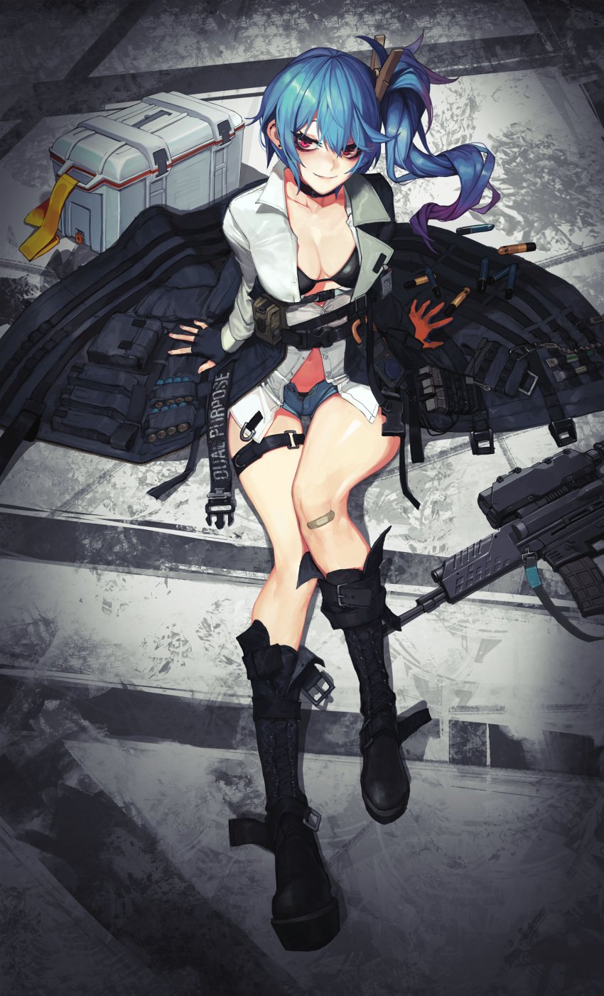 1girls bangs belt_boots bikini black_bikini black_boots black_footwear blue_hair blush blushing_at_viewer boots breasts choker collarbone ear_piercing female female_focus female_only from_above girls'_frontline gun hair_between_eyes hair_ornament k11_(girls'_frontline) laying leather_choker legs_up light-skinned_female light_skin long_hair looking_at_viewer medium_breasts messy_hair on_ground only_female open_clothes platform_boots purple_eyes shirt short_shorts shorts side_ponytail sidelocks smile solo solo_female solo_focus swimsuit tunamayo_(dsasd751) weapon white_shirt