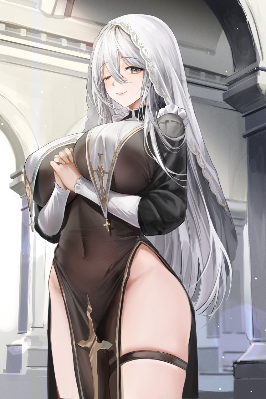 1girls absurd_res bangs blush breast_curtains breasts cleavage cross female female_only habit highres huge_breasts light-skinned_female light_skin lillly long_hair looking_at_viewer nun one_eye_closed pelvic_curtain smile solo