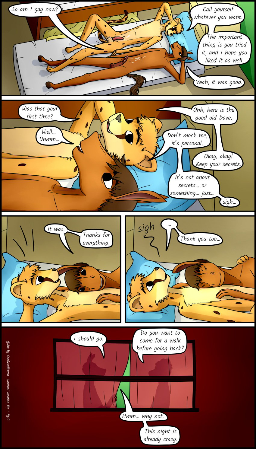 absurd_res anthro bodily_fluids cheetah comic confusedraven cuddling cum dialogue duo equid equine felid feline genital_fluids genitals half-erect hi_res horse lying male male/male mammal penis