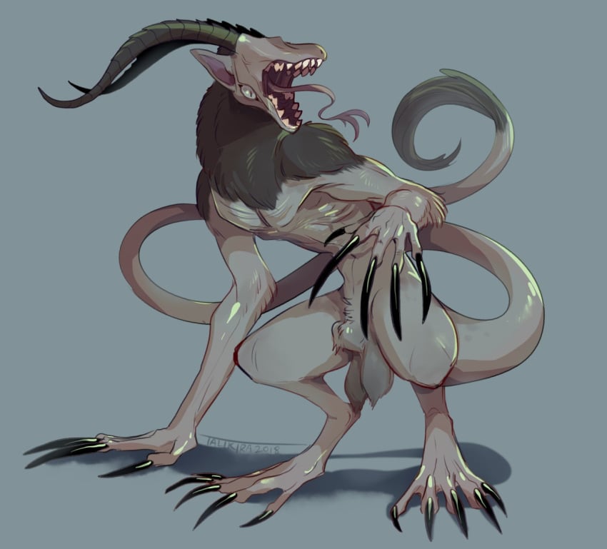 animal_genitalia balls claws feral forked_tongue furikake genitals horn long_limbs long_tail male monster sheath simple_background solo tongue violadrin