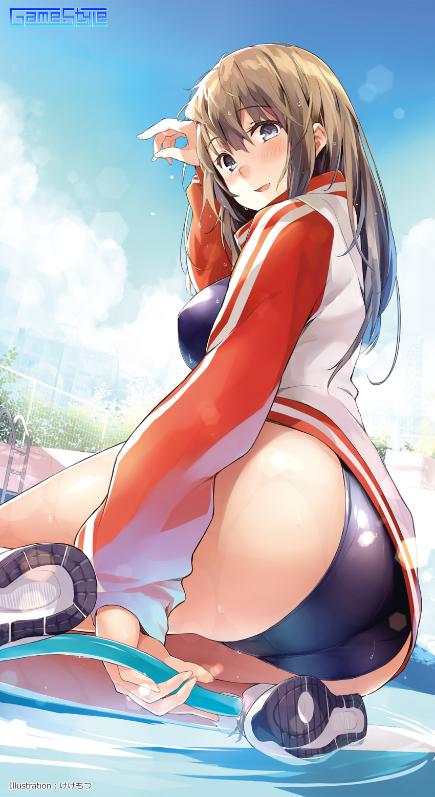 artist_name ass blue_eyes blush breasts brown_hair copyright_name day female game-style highres hose jacket kekemotsu long_hair looking_at_viewer medium_breasts open_clothes open_jacket open_mouth original phone_wallpaper pool pool_ladder school_swimsuit shoes sitting sky smile solo swimsuit wallpaper yokozuwari