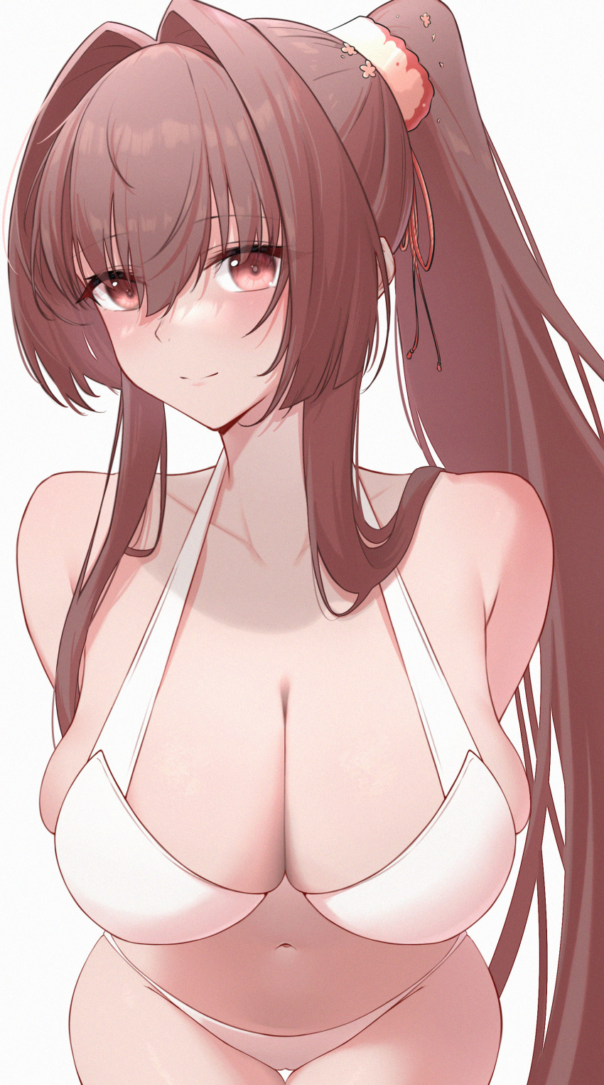 1girls arms_behind_back big_breasts bikini bikini_bottom bikini_top breasts brown_hair dongye1551 eyelashes hair_ornament kantai_collection leaning_forward long_hair looking_at_viewer navel pale-skinned_female pale_skin ponytail pov red_eyes smile solo solo_female solo_focus voluptuous white_bra white_panties yamato_(kantai_collection)