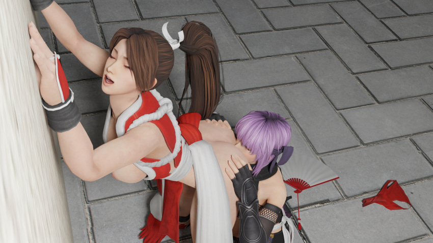 2girls 3d asian asian_female ass ass_grab ayane_(doa) big_ass big_breasts brown_hair closed_eyes cunnilingus dead_or_alive enslaverofhumanity fan fatal_fury hand_on_ass headband japanese japanese_clothes king_of_fighters kunoichi lesbian lesbian_sex lesbians looking_pleasured mai_shiranui makeup moaning moaning_in_pleasure ninja panties_on_floor ponytail purple_hair short_hair snk voluptuous voluptuous_female yuri