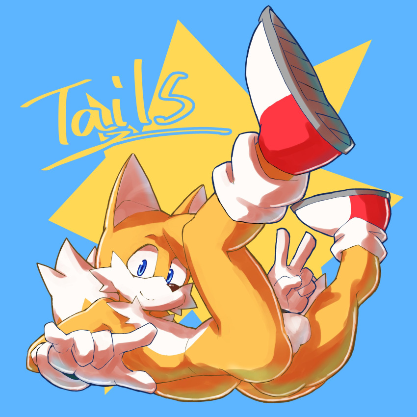 1:1 2_tails anthro balls black_nose blue_eyes boots canid canine character_name clothing footwear fox fur genitals gesture gloves handwear hi_res jimnydaisuki male mammal multi_tail nude peace_sign sega simple_background smile solo sonic_(series) sonic_the_hedgehog_(series) tails v_sign white_body white_fur yellow_body yellow_fur