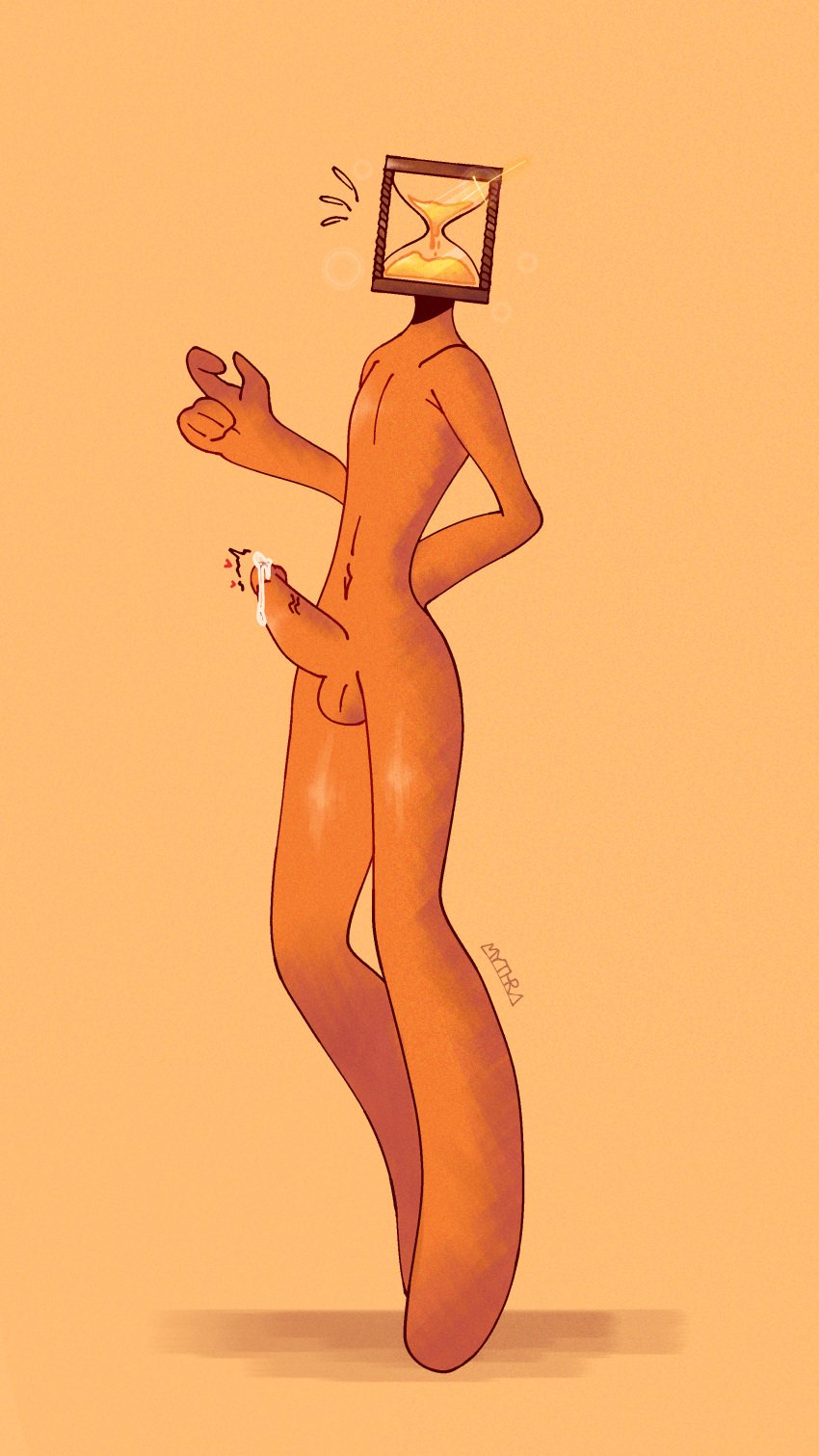 2022 animate_inanimate anthrofied arm_behind_back artist_name artist_signature balls color completely_nude completely_nude_male erection for_a_head heart high_resolution highres hourglass_(object) male male_only nude nude_male object_head orange_body penis pose precum precum_drip precum_trail raku_sarvin self_upload shaded shiny_skin signature solar_sands solo sparkle standing sweat sweatdrop youtube youtuber