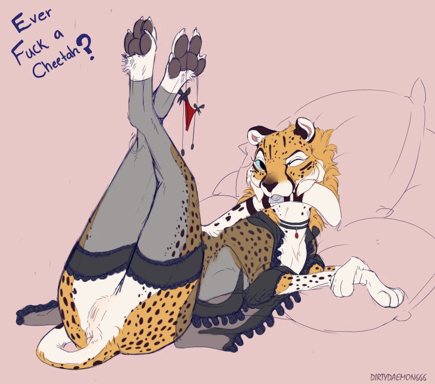 anatomically_correct cheetah daemon_lady felid feline female feral genitals hi_res lingerie_on_feral looking_at_viewer mammal one_eye_closed presenting presenting_pussy pussy solo stirrup_legwear wink winking_at_viewer