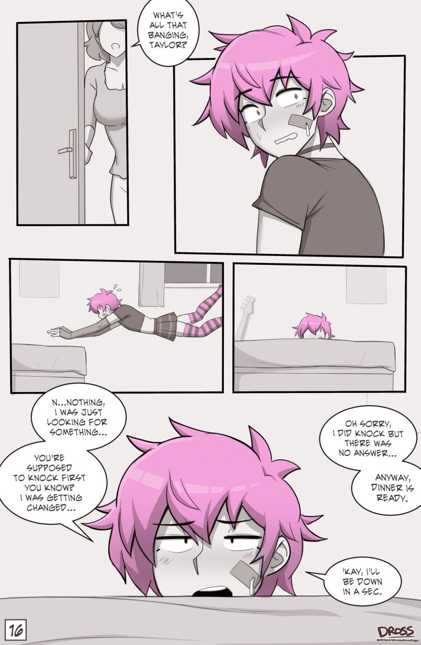 1boy 1girls almost_caught bass_guitar blush choker clothed clothing comic crossdressing dialogue dross english_dialogue english_text femboy girly jumping miniskirt mostly_monochrome mother ms_james_(dross) original pink_hair short_hair skater_boi_(dross) speech_bubble striped_legwear striped_thighhighs taylor_(dross) text thighhighs