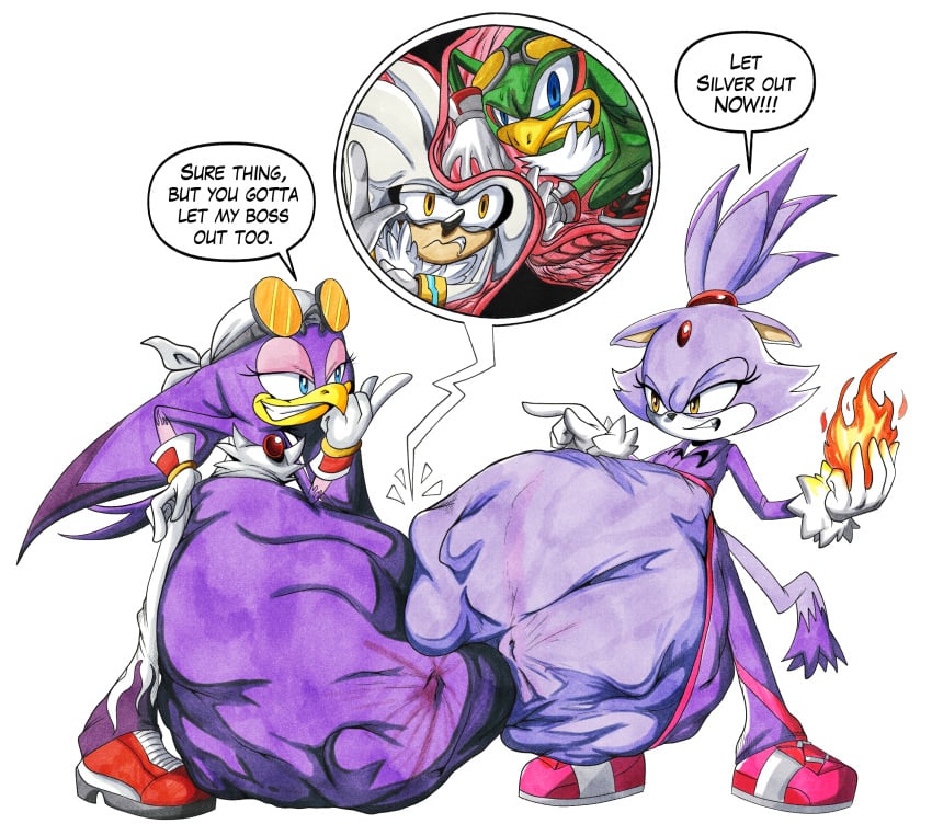 after_vore anthro belly big_belly blaze_the_cat dialogue female female_pred group hi_res internal jet_the_hawk killboo male male/female oral_vore same_size_vore sega silver_the_hedgehog sonic_(series) sonic_riders sonic_the_hedgehog_(series) speech_bubble stomach_bulge vore wave_the_swallow