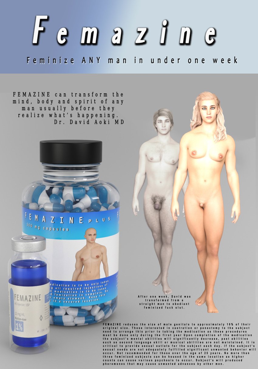 1boy 3d before_and_after daz3d english_text femboy feminization feminized_young_males gay gender_transformation grey_background hormones light_skin nude penis pills solid_color_background text