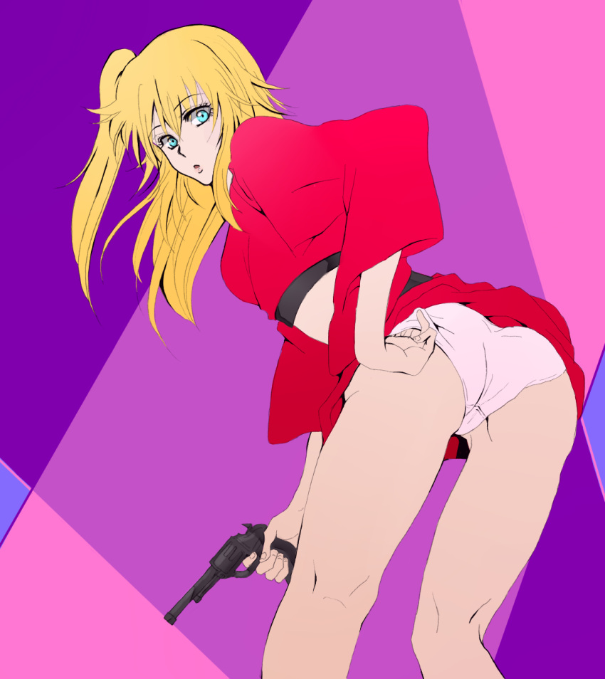 adjusting_panties bent_over blonde_hair blue_eyes clothing crop_top female female_only firearm gintama gun handgun human japanese_clothes kijima_matako leaning_forward long_hair looking_at_viewer looking_back pale_skin panties rear_view revolver side_ponytail solo upskirt weapon