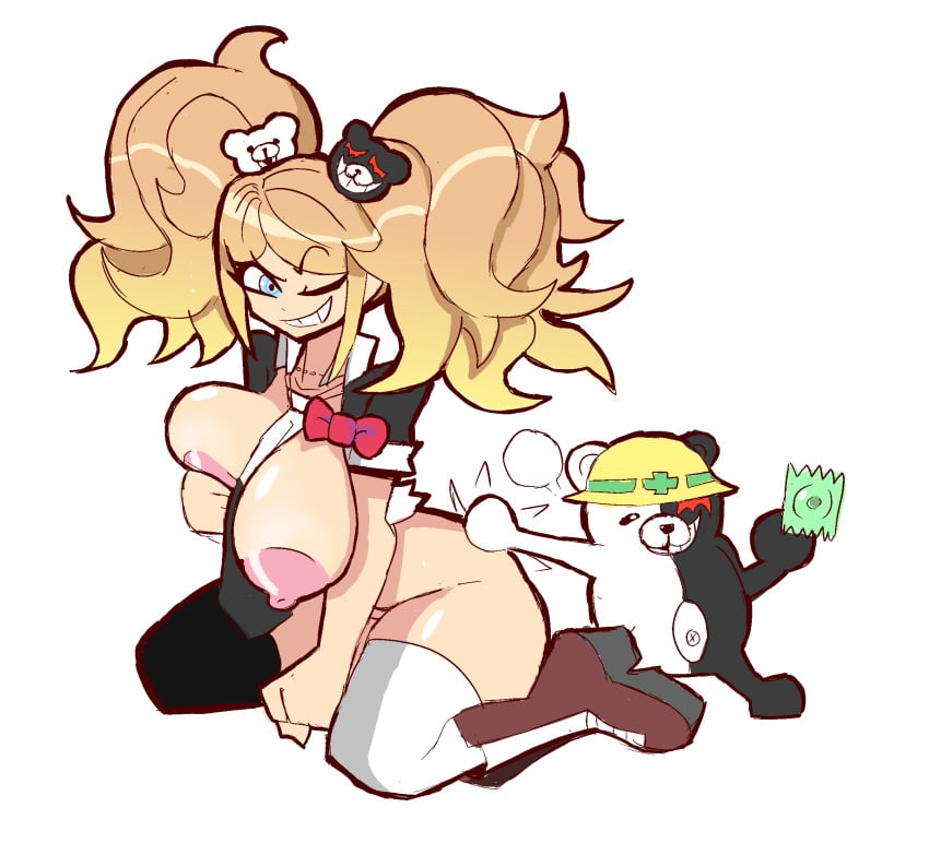 1girls blonde_hair blue_eyes condom danganronpa eks-out grin huge_breasts junko_enoshima monokuma straight_hair thick_thighs tie twintails useless_clothing wide_hips