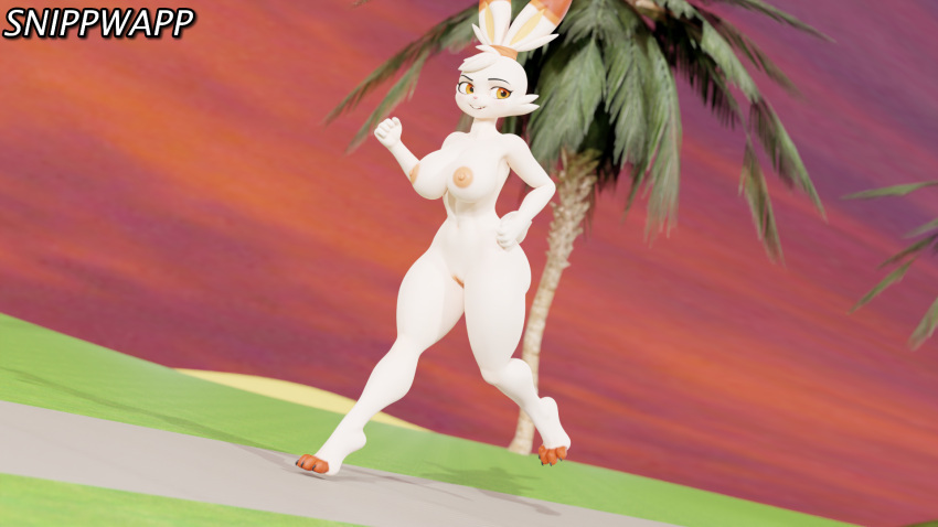 16:9 alt anthro big_breasts blender_(software) breasts curvy_figure female fur generation_8_pokemon genitals hi_res humanoid jogging lagomorph looking_at_viewer mammal nintendo nipples nude open_mouth palm_tree plant pokemon pokemon_(species) pussy scorbunny smile smiling_at_viewer snippwapp solo thick_thighs tree video_games white_body white_fur widescreen