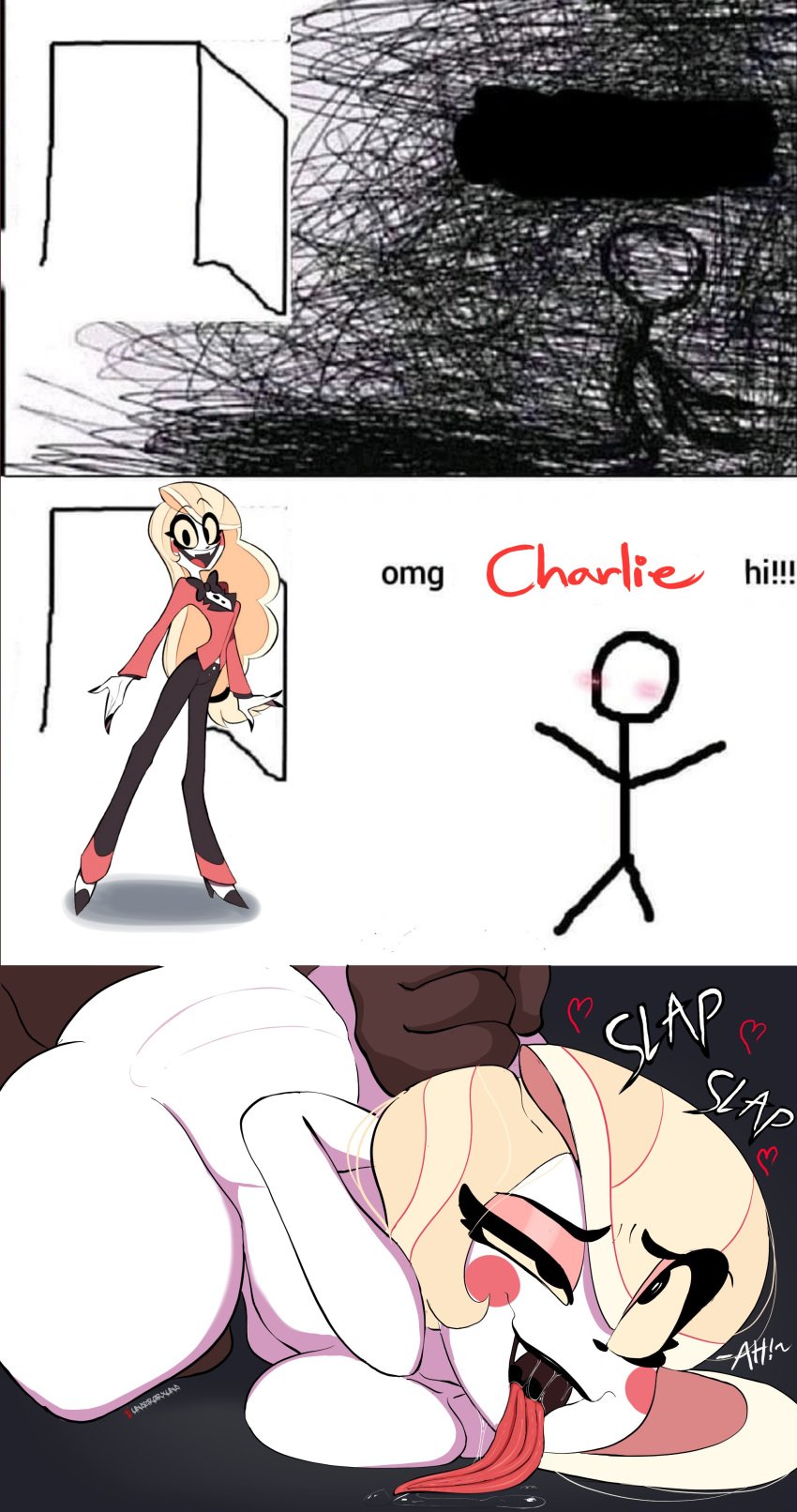 1boy 1girls ahe_gao big_ass big_breasts black_lipstick blonde_hair charlie_morningstar_(hazbin_hotel) clothing dark-skinned_male dark_skin demon demon_girl drooling faceless_male fangs female from_behind funny hazbin_hotel horny_female human human_on_humanoid humanoid humor interracial interspecies lipstick male meme neckwear nude nude_female omg_hi! outerwear pale_skin pleasure_face pulling_hair sex smile text tongue_out tuxedo underground_(artist) white_skin yellow_sclera