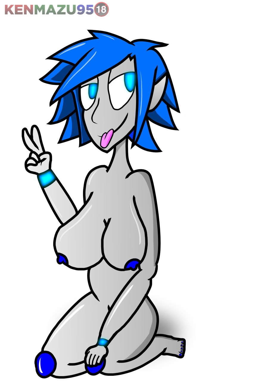 big_breasts blue_eyes blue_hair completely_naked completely_naked_female completely_nude completely_nude_female kenmazu95 naked nude oiled oiled_body oily peace_sign robot robot_girl sinikka_jacinth thick_thighs tongue_out toony