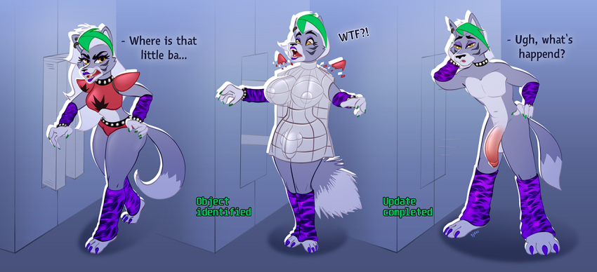 2022 angry anthro balls breasts canid canine canis clothed clothing digital_media_(artwork) english_text female five_nights_at_freddy's five_nights_at_freddy's:_security_breach ftm_crossgender ftm_transformation fur gender_transformation genderswap_(ftm) genitals hair hand_on_head linear_sequence machine male mammal nude open_mouth penis piercing roxanne_wolf_(fnaf) rule_63 scottgames sequence sjevi solo teeth text thick_thighs tongue transformation transformation_mechanism transformation_sequence video_games wolf