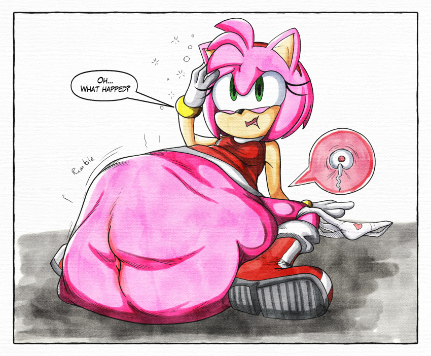 after_vore amy_rose anthro belly big_belly dialogue duo fat female hi_res impregnation killboo oral_vore ovum same_size_vore sega sonic_(series) sonic_the_hedgehog_(series) speech_bubble stomach_bulge vore