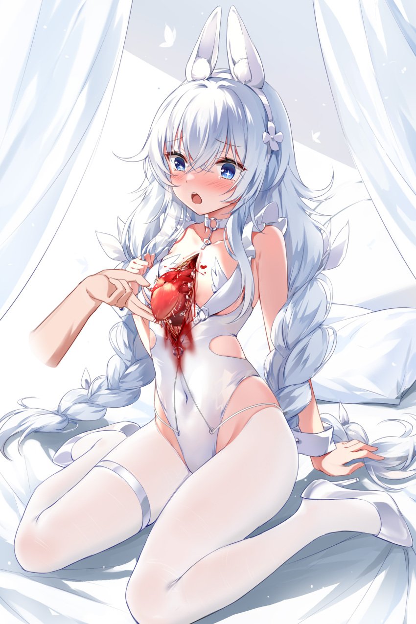 absurd_res animal_humanoid blush braided_hair clothing collar cross_pupils devil_heavens female footwear gore guro hair heart_(organ) hi_res high_heels humanoid inner_ear_fluff le_malin_(azur_lane) legwear organs rib_cage stockings tuft twin_braids twintails white_clothing white_hair white_legwear white_stockings