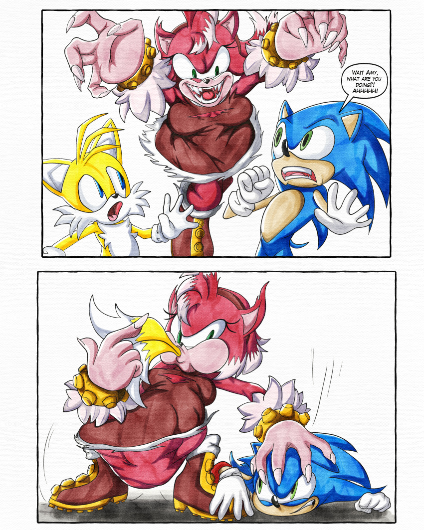 absurd_res amy_rose anthro belly big_belly comic dialogue eulipotyphlan female group hi_res killboo male male/female mammal oral_vore same_size_vore sega sonic_(series) sonic_the_hedgehog sonic_the_hedgehog_(series) speech_bubble stomach_bulge tails trio vore were wereeulipotyphlan werehog