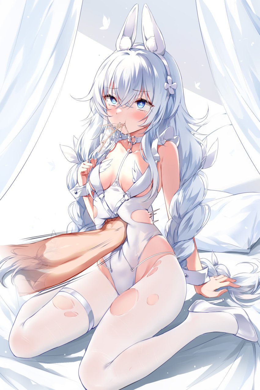 absurd_res animal_humanoid beaten blush bodily_fluids braided_hair clothing collar cross_pupils devil_heavens female footwear gut_punch hair hi_res high_heels humanoid inner_ear_fluff le_malin_(azur_lane) legwear punch stockings tears tuft twin_braids twintails vomit white_clothing white_hair white_legwear white_stockings