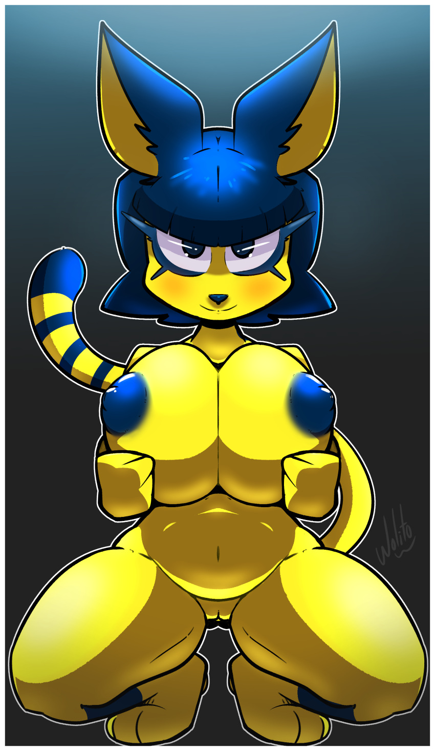 absurd_res animal_crossing ankha ankha_(animal_crossing) anthro big_breasts blue_body blue_fur breasts domestic_cat egyptian felid feline felis female fur hi_res mammal nintendo simple_background solo spread_legs spreading video_games wolito yellow_body