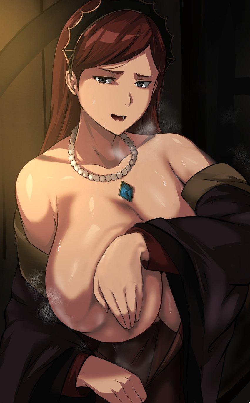 1girls blush breasts brown_hair cafekun covering_breasts female hilda_boreas_greyrat huge_breasts light-skinned_female light_skin long_hair massive_breasts milf mushoku_tensei