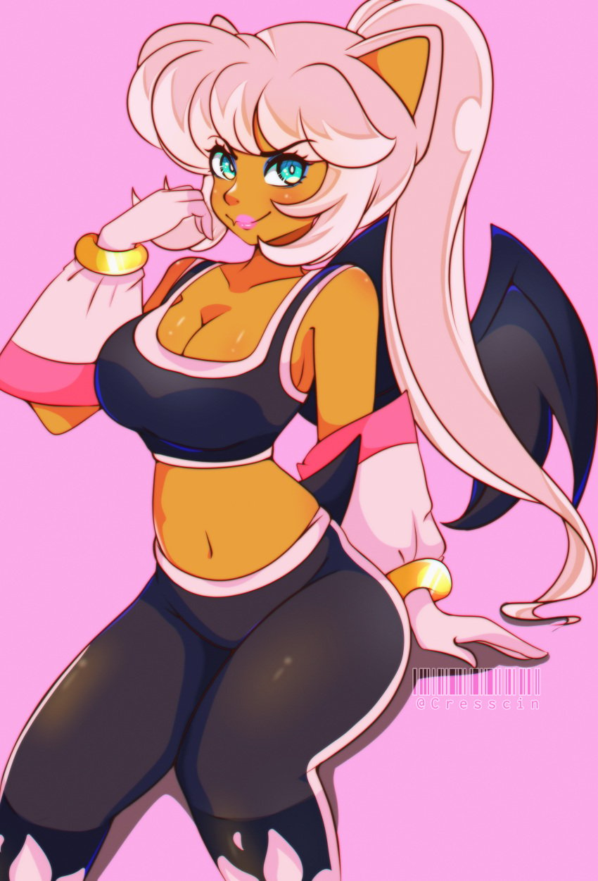 bat_ears bat_girl bat_wings blue_eyes cleavage cresscin gloves huge_breasts humanized ponytail rouge_the_bat sega sonic_(series) sonic_the_hedgehog_(series) sports_bra voluptuous white_hair