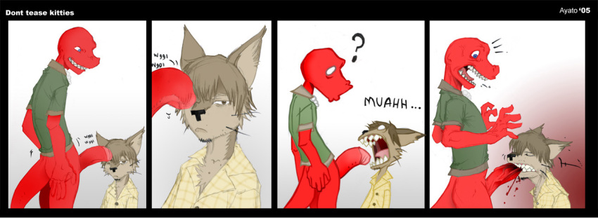 anthro ayato_(furry_artist) blood bottomless comic dinosaur dj_mixer_(character) feline fur furry gay guro male oral penectomized penectomy penis scalie uhoh