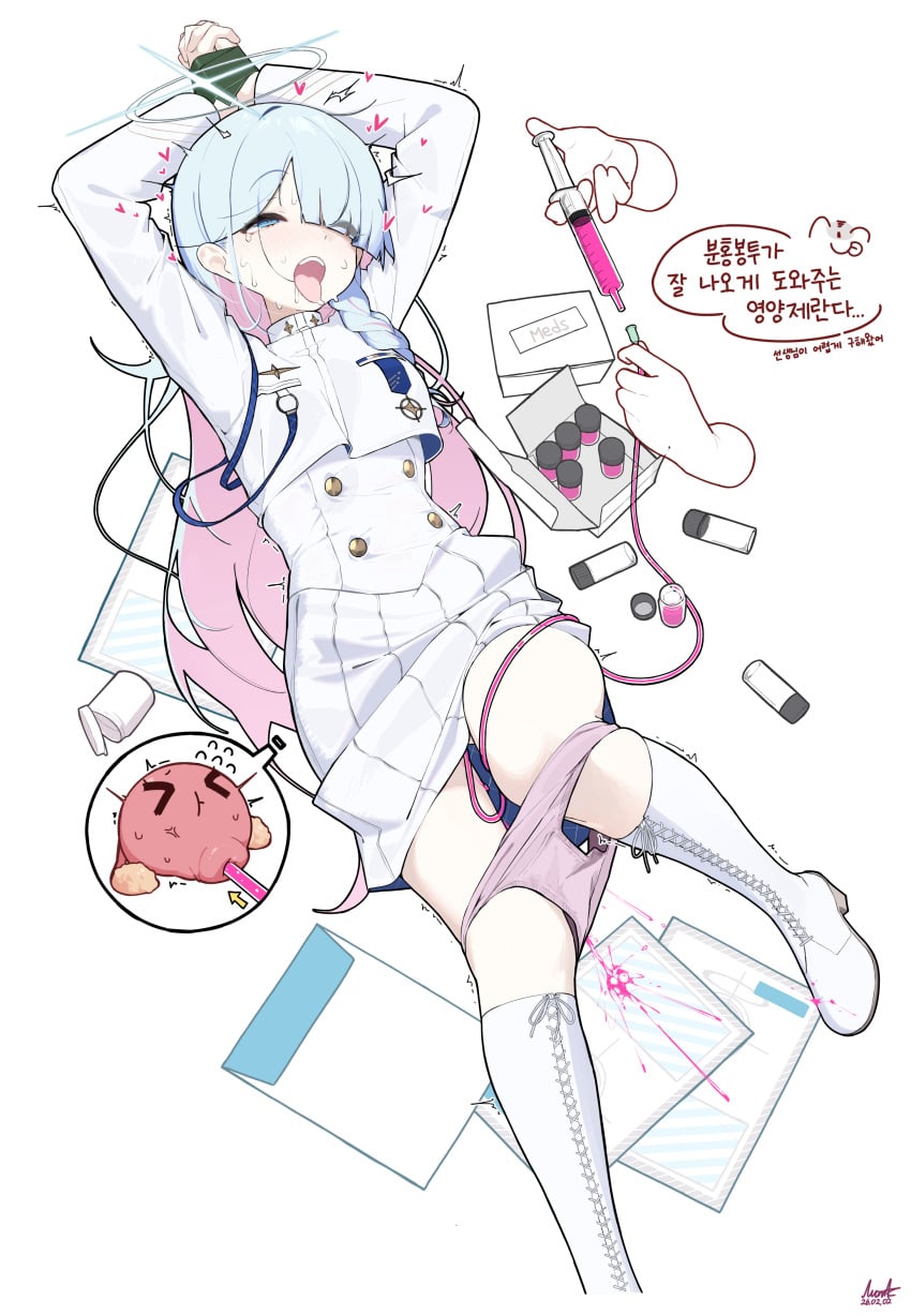 absurdres blue_archive blue_hair boots colored_inner_hair commentary_request doodle_sensei_(blue_archive) dress drugged drunk female general_student_council_president_(blue_archive) halo highres injection korean_commentary mona_kkkk multicolored_hair object_insertion open_mouth panties paper pink_hair restrained school_uniform sensei_(blue_archive) tongue tongue_out underwear uterus vaginal_object_insertion vaginal_penetration white_boots