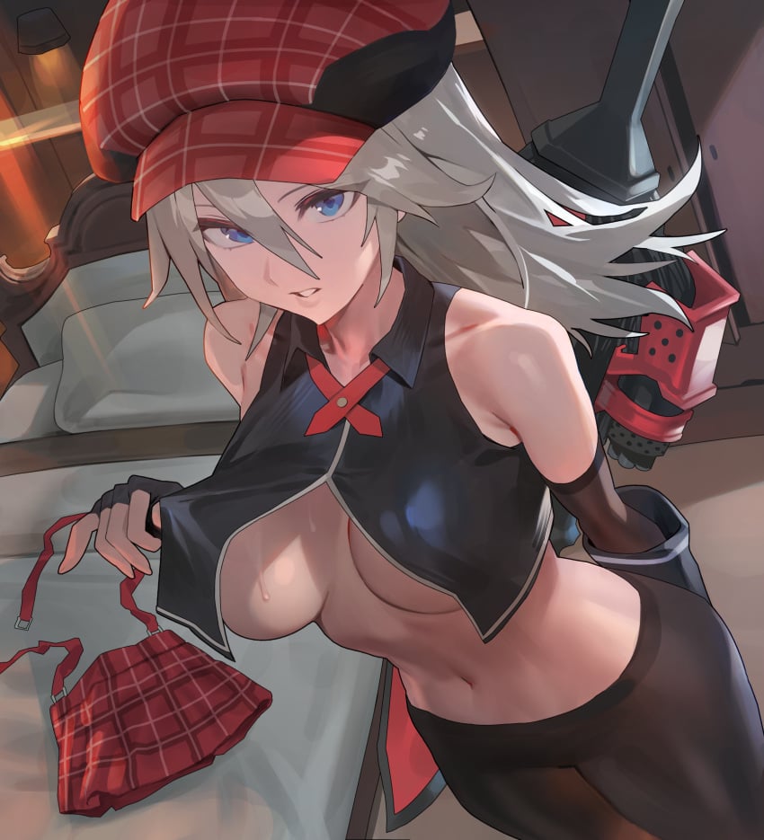 1girls alisa_ilinichina_amiella arms_behind_back bangs bed black_pantyhose blue_eyes breasts collarbone female female_only fingerless_gloves gloves god_eater grey_hair hair_between_eyes hat highres hood_x_art indoors large_breasts light-skinned_female long_hair looking_at_viewer midriff navel pale-skinned_female pantyhose parted_lips skirt skirt_removed solo solo_female suspender_skirt suspenders sweat teeth underboob weapon weapon_on_back