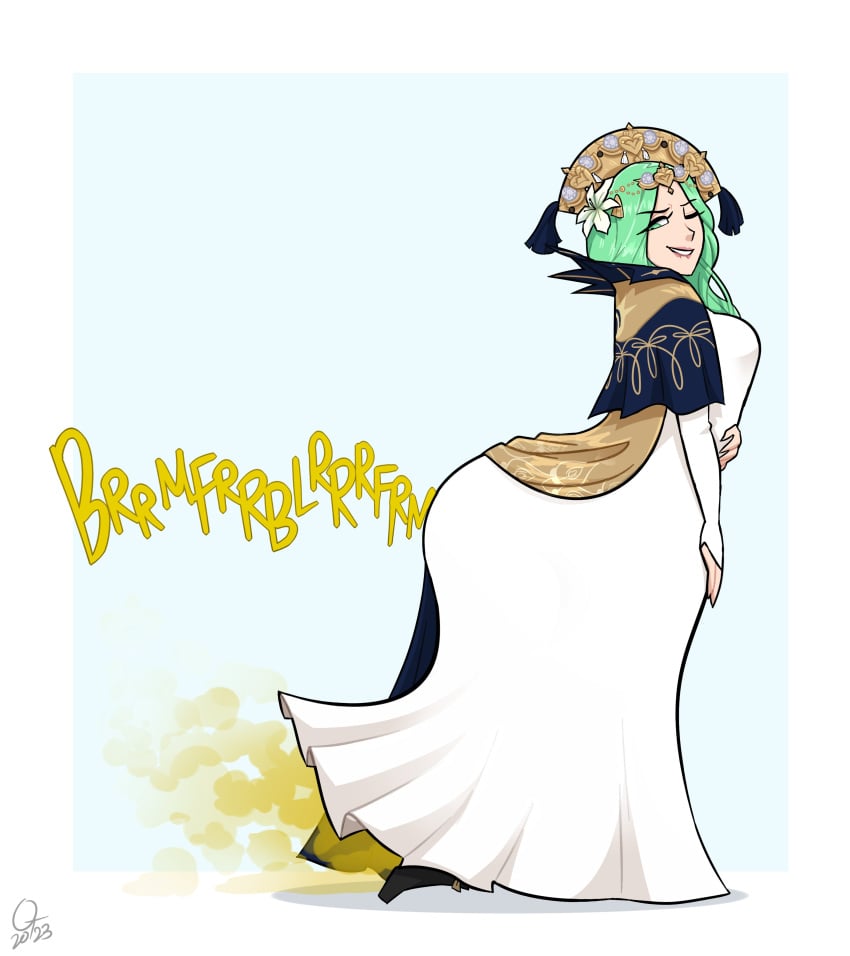 2girls ass_in_dress big_ass big_butt biting_lip bubble_butt dress edelgard_von_hresvelg fart fart_cloud fart_fetish fart_inflation farting fire_emblem fire_emblem:_three_houses green_eyes green_hair hiding_in_dress looking_back nintendo oddtenn one_eye_closed rhea_(fire_emblem) side_view smile tenuousoddity under_dress white_dress yuri