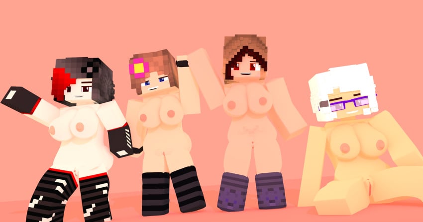 3d 4girls blue_eyes breasts brown_hair commission drispysik ellie_walls_(odysseyellie) erect_nipples flower_in_hair glasses horny_female human_female humanoid jenny_belle_(slipperyt) melanie_thompson_(melinajbt) mine-imator minecraft multicolored_eyes multicolored_hair nude_female outside purple_eyes pussy red_eyes sitting spread_legs standing stockings tagme vika_(drispysik) white_hair