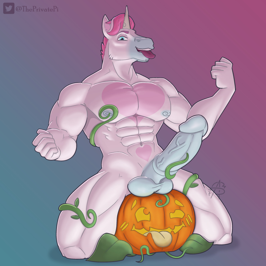 abs absurd_res ahe_gao anthro balls biceps big_muscles blush digital_media_(artwork) elemental_creature equid equine erection flexing food food_creature fruit genitals hair halloween hi_res holidays horn jack-o'-lantern looking_at_viewer looking_pleasured male mammal muscular muscular_anthro muscular_male nipples nude open_mouth pecs penis pink_hair plant pumpkin simple_background smile solo tongue tongue_out unibro_pi unibro_pi_(character) unicorn vines