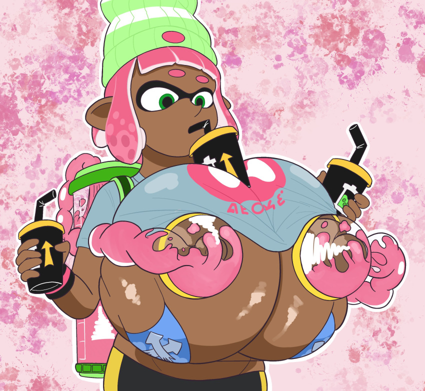 alternate_breast_size areolae beanie between_breasts big_breasts bike_shorts bikini bikini_top breasts bursting_breasts cephalopod clothes clothing cup dark-skinned_female dark_areola dark_nipples dark_skin domino_mask drinking female gigantic_breasts green_eyes huge_breasts huge_nipples humanoid ink inkling inkling_girl kingmelon lactating_ink lactation milking milking_machine nintendo nipples pink_hair pseudo_hair shirt shirt_lift splatoon splatoon_(series) splatoon_2 unusual_lactation