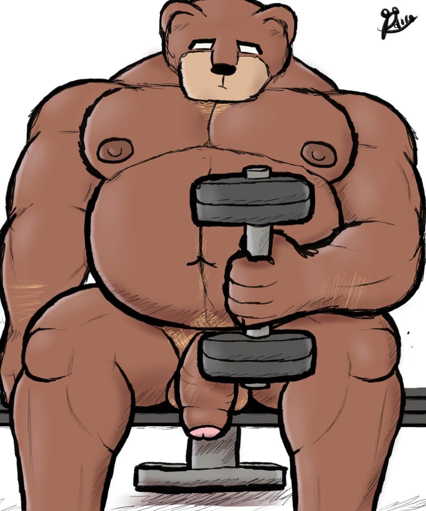 alanottaviano anthro balls barazoku brown_bear brown_body brown_fur chubby_male exercise foreskin fur genitals grizzly_bear hi_res male male_only mammal musclegut muscular muscular_male overweight overweight_male penis solo ursid ursine workout