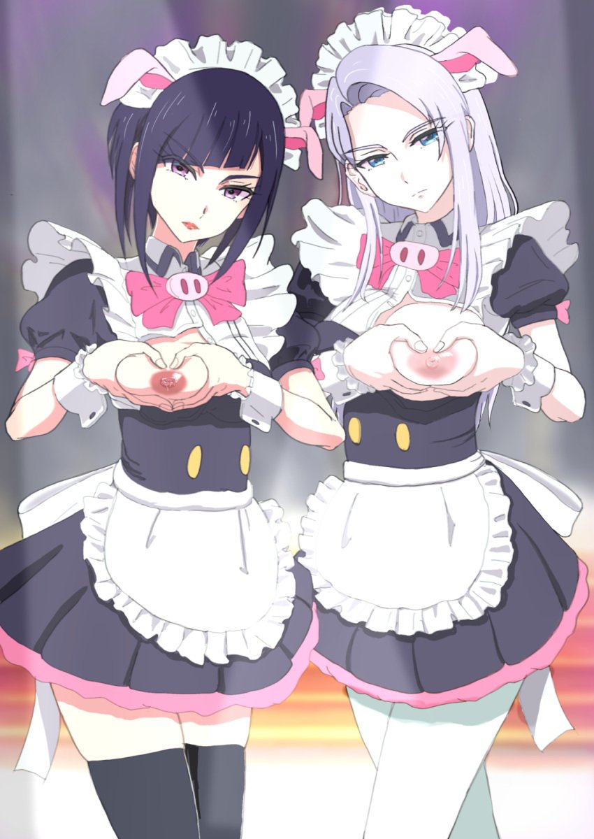 2022 2girls akiba_maid_sensou apron black_hair black_socks black_thighhighs blue_eyes bow breast_squeeze breasts frilled_apron frills grey_hair headdress heart heart-shaped_boob_challenge heart_hands highres lactation lips lipstick long_hair looking_at_viewer maid maid_apron maid_dress_(ton_tokoton_café) makeup mannen_ranko multiple_girls no_bra one_breast_out p.a._works pemura pink_bow pink_eyes red_lips short_hair socks standing thigh_socks thighhighs ton_tokoton_café waist_apron white_apron white_socks white_thighhighs wrist_cuffs zettai_ryouiki zoya_(akiba_maid_sensou)