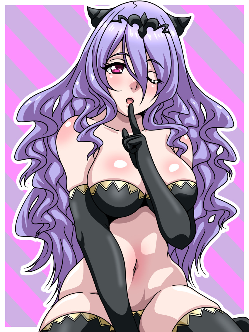 1girls ;d bare_shoulders bare_thighs black_panties bra breasts camilla_(fire_emblem) elbow_gloves female female_only finger_to_mouth fire_emblem fire_emblem_fates gloves hair_between_eyes horns inabakun00 long_hair looking_at_viewer medium_breasts nintendo one_eye_closed open_mouth panties pink_eyes purple_hair shoulders shushing sitting smile solo thighhighs thighs underwear very_long_hair wink