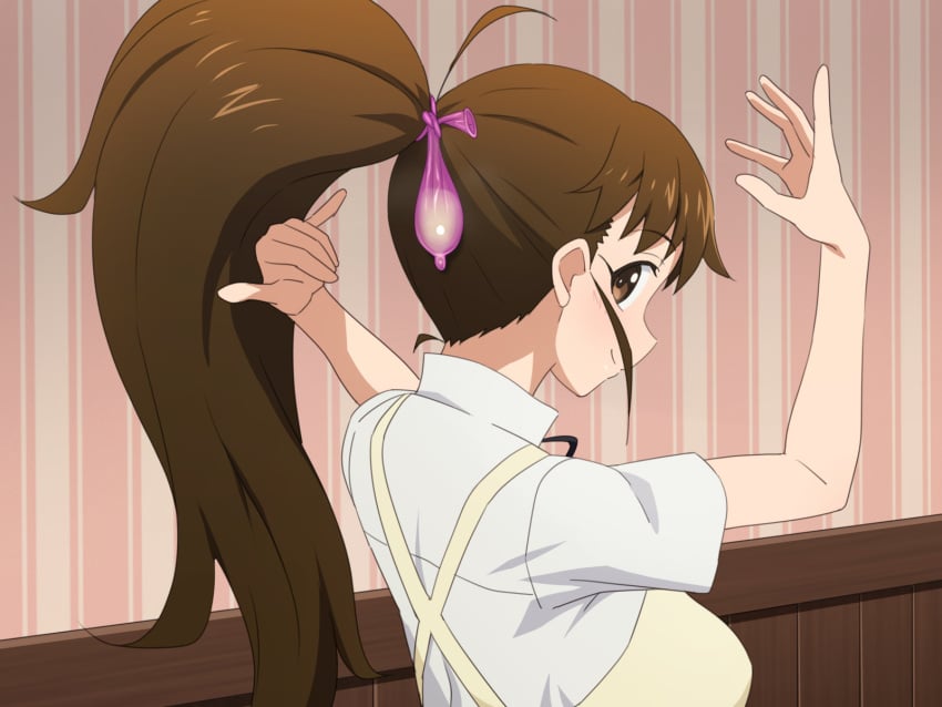 apron breasts brown_eyes brown_hair condom condom_in_hair highres indoors large_breasts looking_back ponytail shirt smile taneshima_popura tedain upper_body used_condom white_shirt working!! yellow_apron